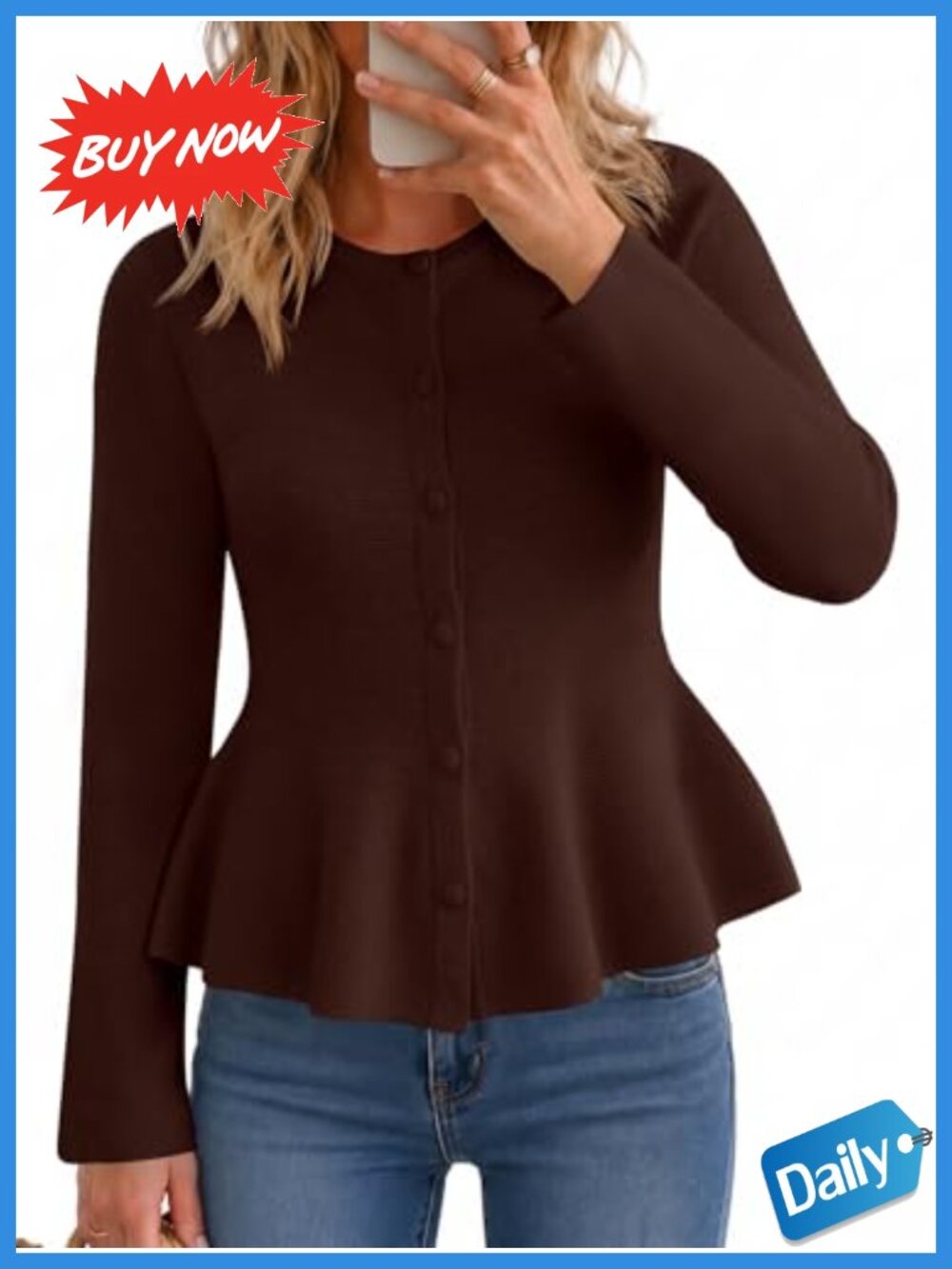Women's Peplum Cardigan Ruffle Hem Button Down Knit Sweater